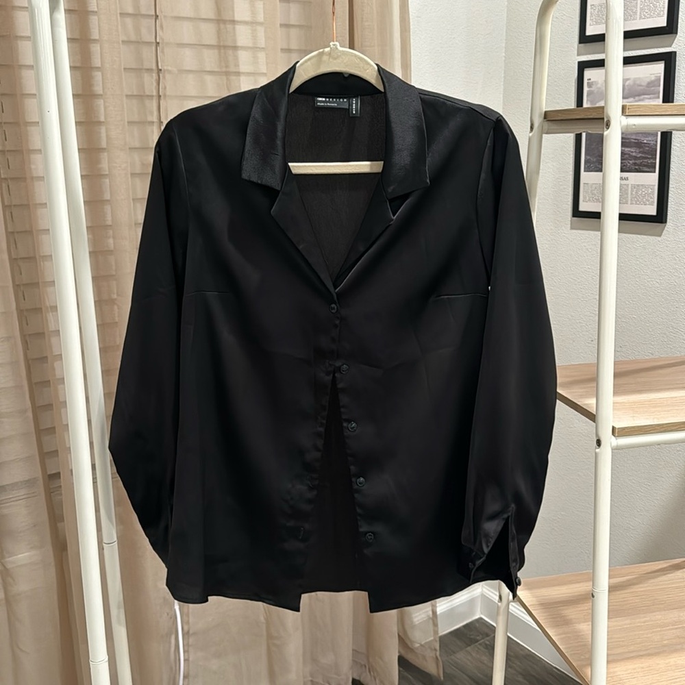 ASOS Black Satin Button Down Top (Size 4)